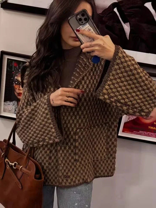Long Sleeve Knitted Cardigans Elegant Lapel Single Breasted Loose Sweater