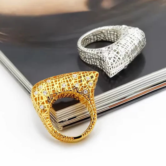 Unique Hollow Design Zircon Inlay Brass Plated 18k Gold & White Gold Rings