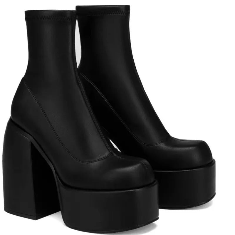 Short Sexy Leather Square toe casual Zipper high heels thick soled Boots