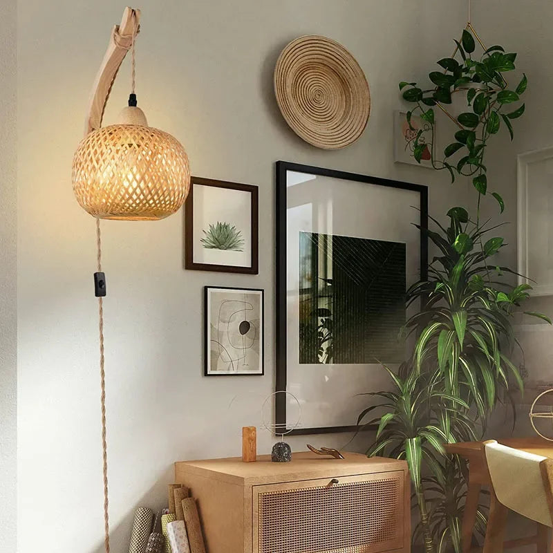Bamboo Lantern Wall Lamp Natural Rattan Wicker Wall Light