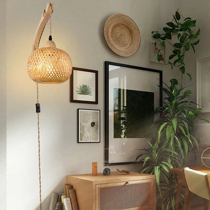Bamboo Lantern Wall Lamp Natural Rattan Wicker Wall Light