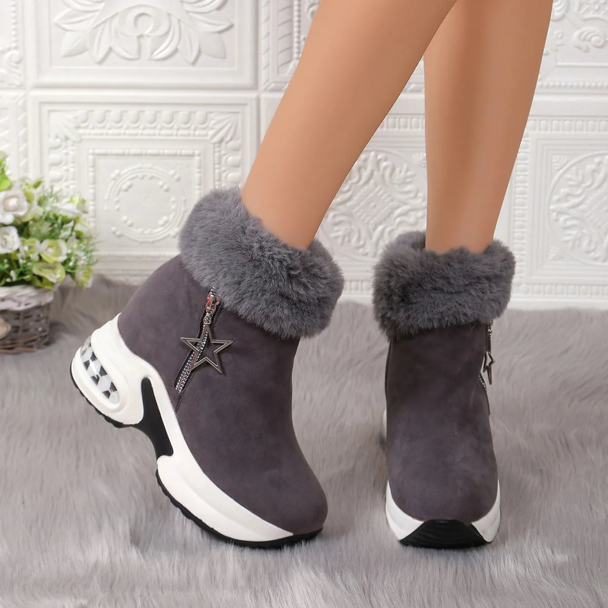 Winter Casual High Heels Thickened Fluff Wedge Platform Snow Boots