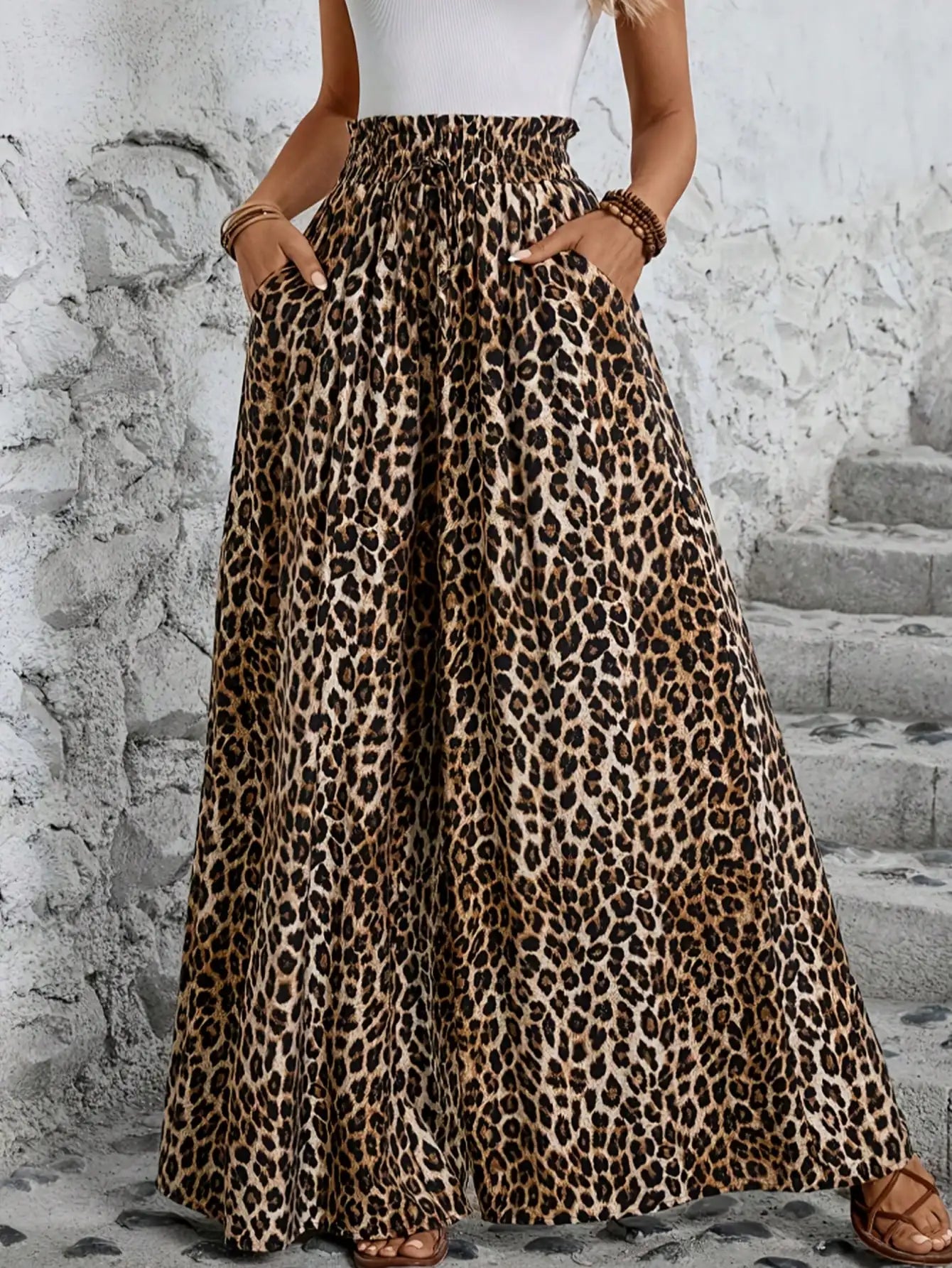 Casual leopard high waist wide leg pants