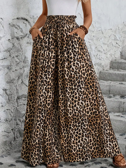 Casual leopard high waist wide leg pants