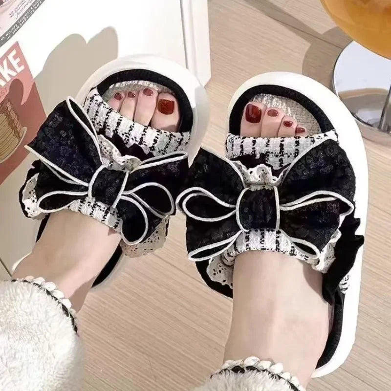 Linen Cute Platform Black Bow Soft Slippers