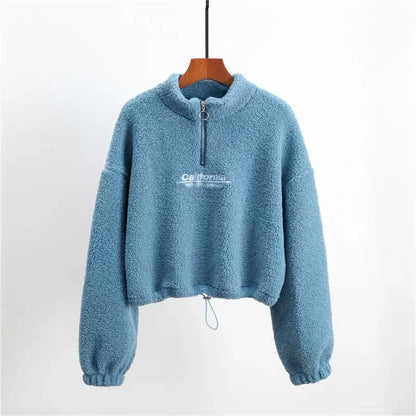 Letter Embroidery Stand Neck Fleece Long Sleeve Pullover