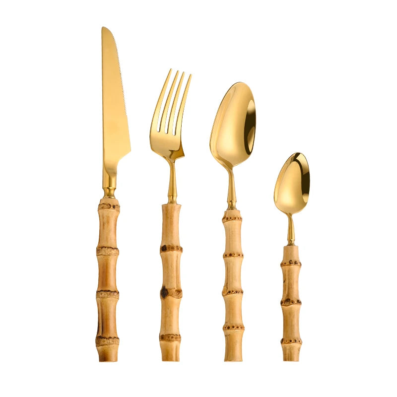 Natural Bamboo Handle Cutlery Set Stainless Steel Tableware Set