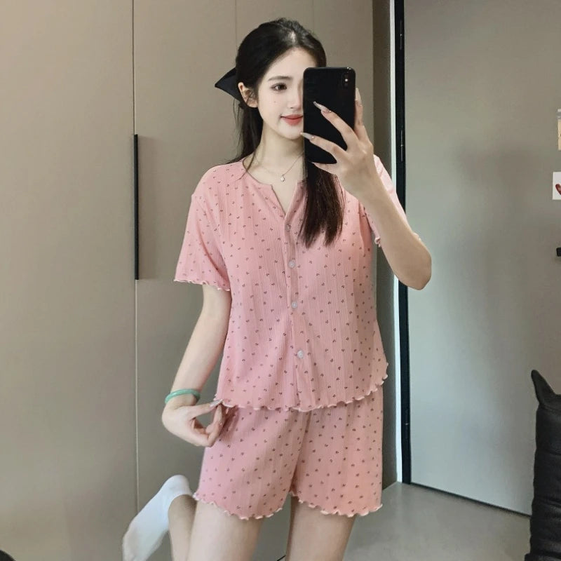 Japanese-Style Knitted Cotton Short-Sleeved Cardigan Thin Sleepwear Pajamas