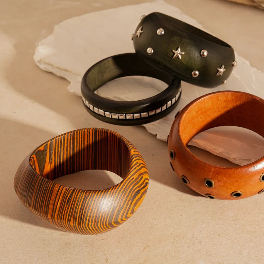 Natural Wooden Square Round Hip Hop  Rivet Beads Wide Bangles Bracelet