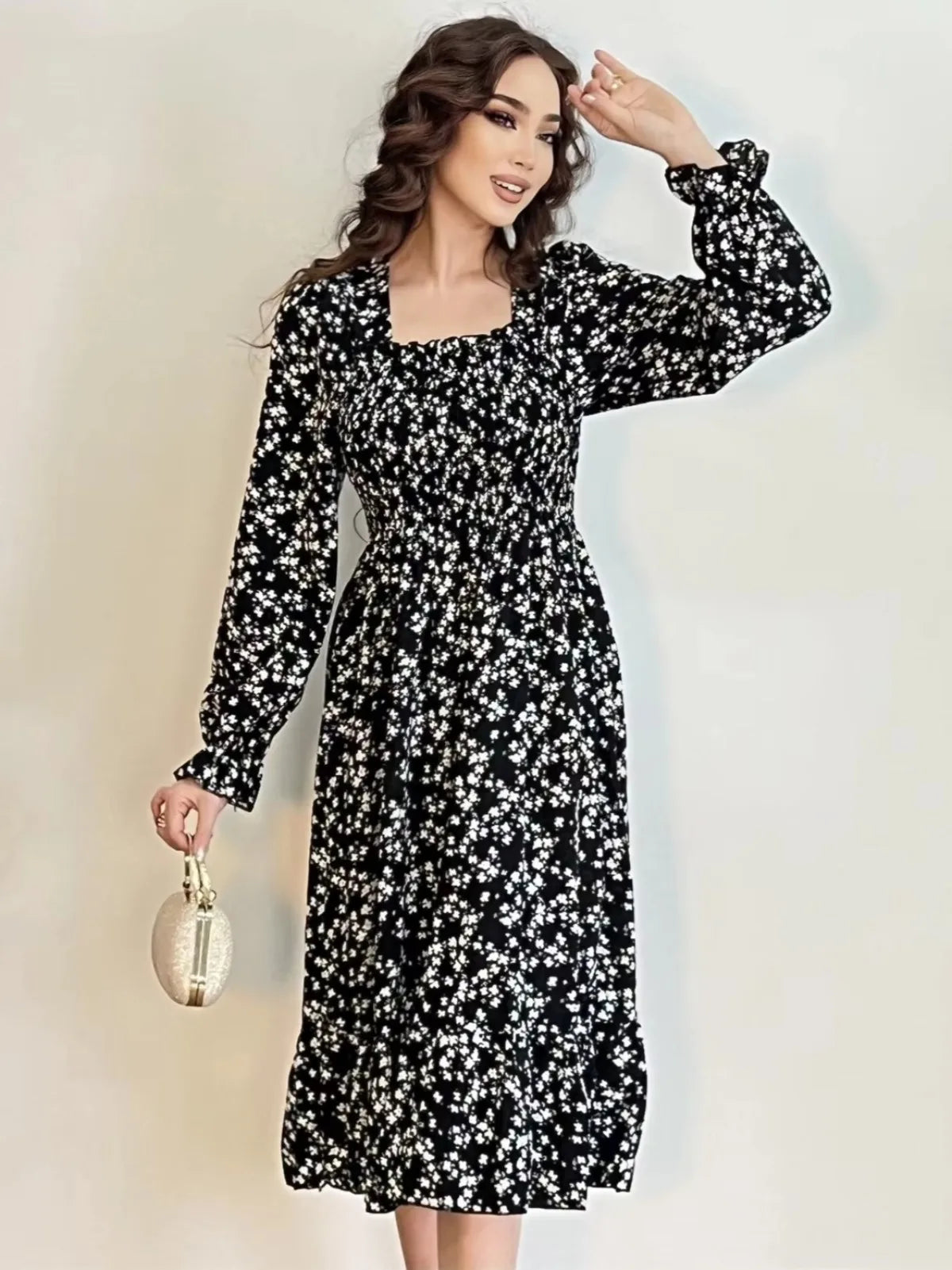 Long Sleeve Casual Chiffon Floral Elastic Chest Lace Up Midi Dress