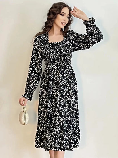 Long Sleeve Casual Chiffon Floral Elastic Chest Lace Up Midi Dress
