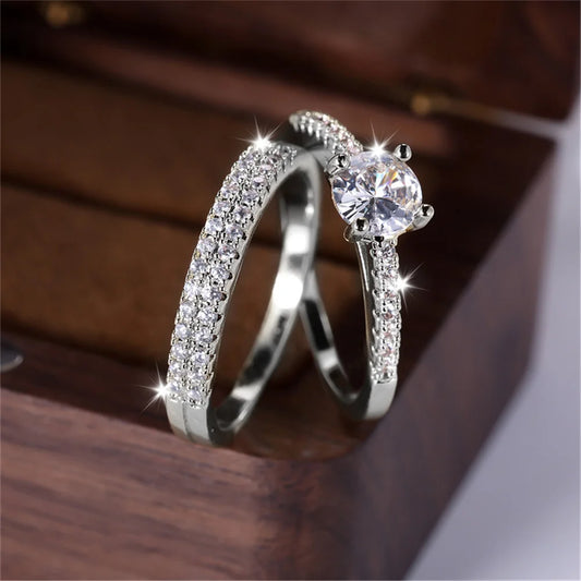2pcs Small Round White Zircon Stone Ring Set
