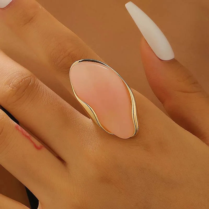 Brown Green Beige Resin Geometric Ring Vintage Gold Open Finger Rings