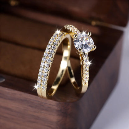2pcs Small Round White Zircon Stone Ring Set