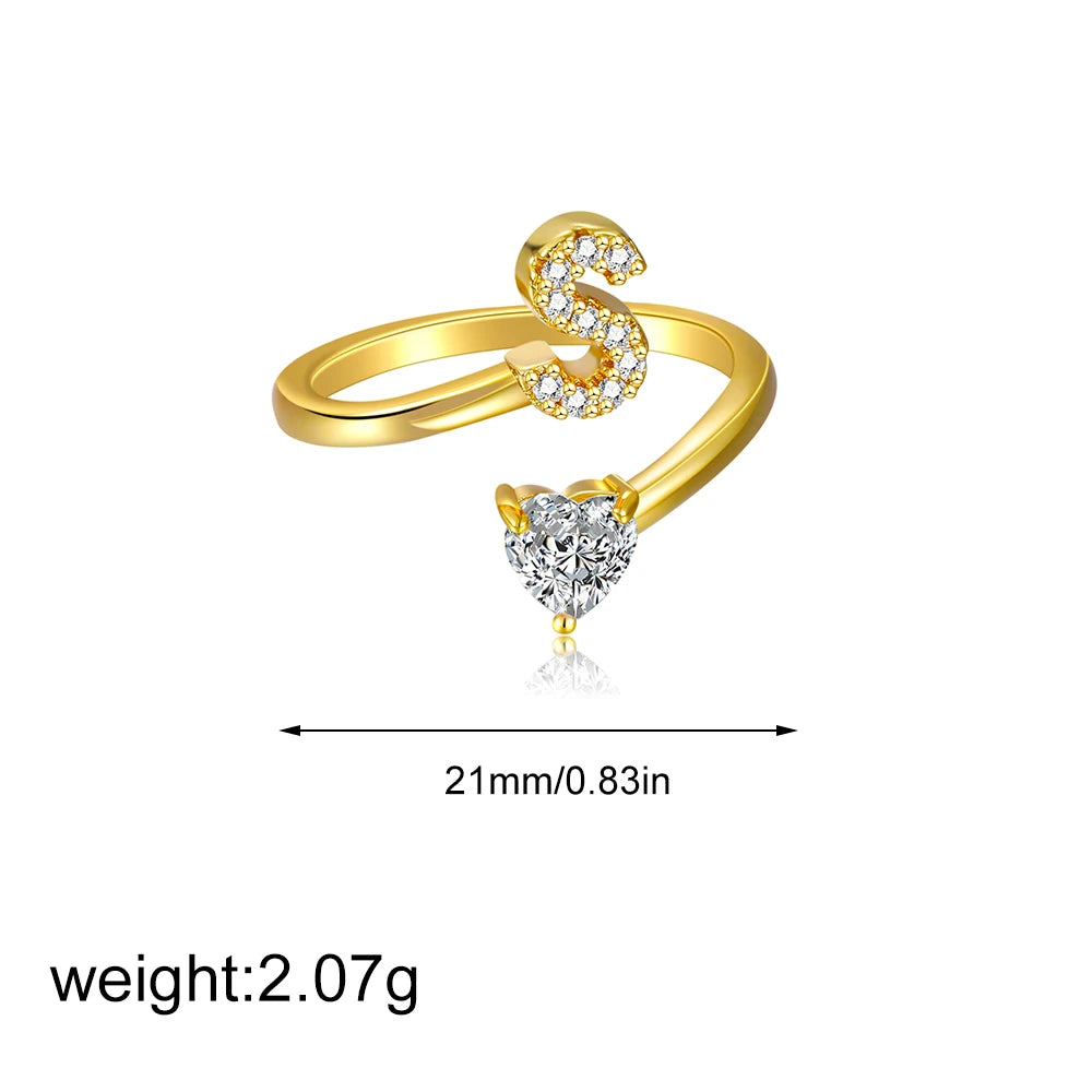 Gold Letter Open Heart Shape Cubic Zirconia  A-Z 26 Letter  Lnitials Rings