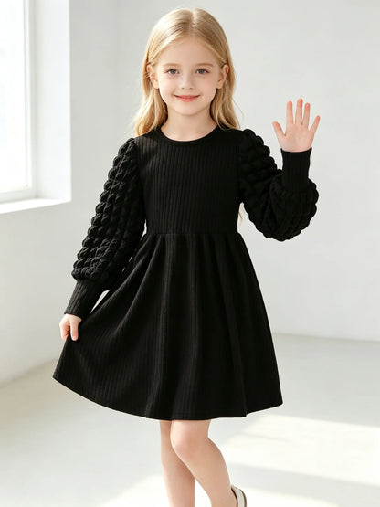 Black Corduroy round Neck Bubble Sleeves Princess Dress