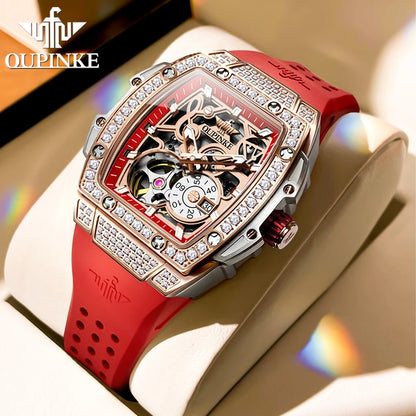 Luxury Skeleton Flywheel Tonneau Dial Automatic Mechanical Diamond Watch