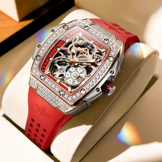 Luxury Skeleton Flywheel Tonneau Dial Automatic Mechanical Diamond Watch