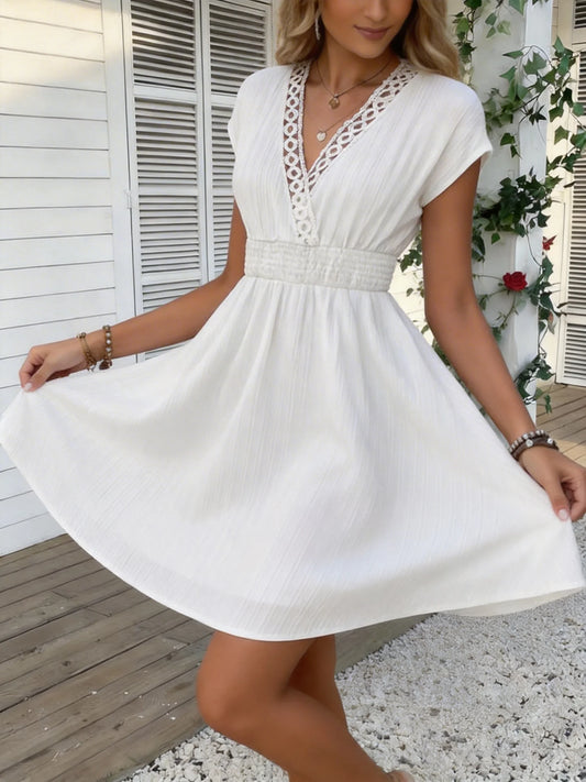 French Lace V-neck Fitted Short Puff Sleeves Dress