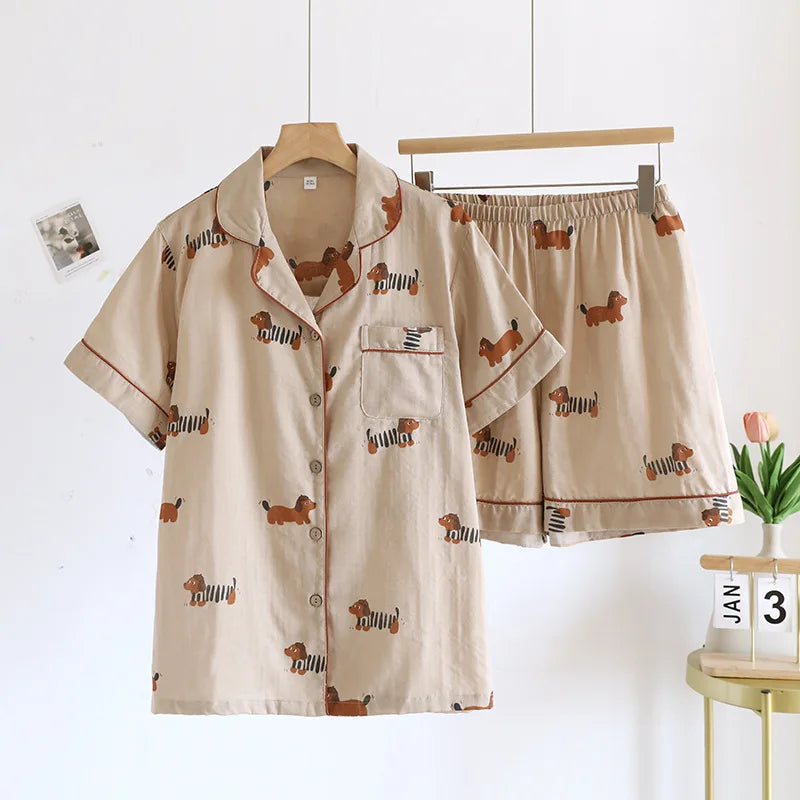 Japanese 100% Cotton Gauze Thin Short-sleeved Shorts Cute Cat Cartoon Pajama Set