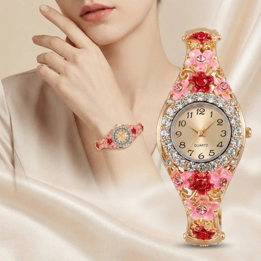 Luxury Watches Retro Elegant Flower Diamond Stainless Steel Quartz Wristwatches