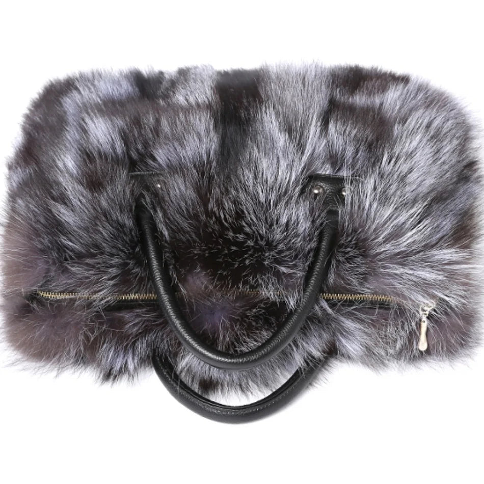 Real Fox Fur Large Size Plush Crossbody Luxury Handbags Fluffy Tote Bag