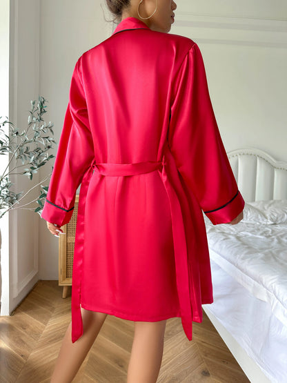 Satin Long Sleeve Belted Robe Lingerie Pyjamas