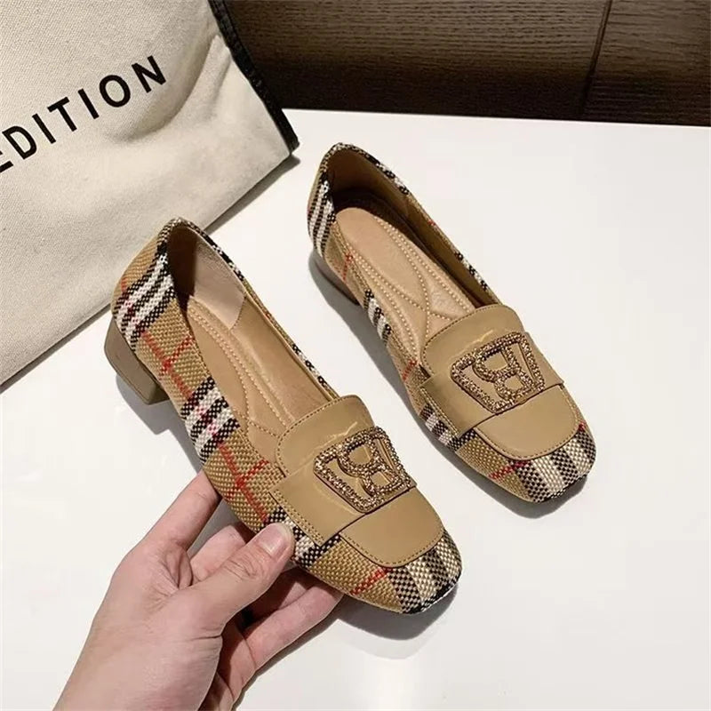Square Toe Low Heel Hong Kong Style Metal Rhinestone Buckle Flats