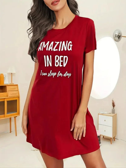 Monogram Print Short Sleeve Loose Round Neck Sleeping Dress Pajamas