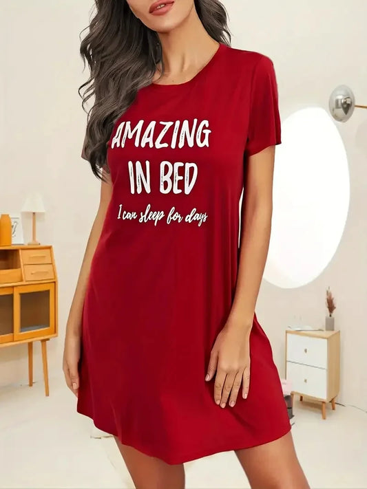 Monogram Print Short Sleeve Loose Round Neck Sleeping Dress Pajamas