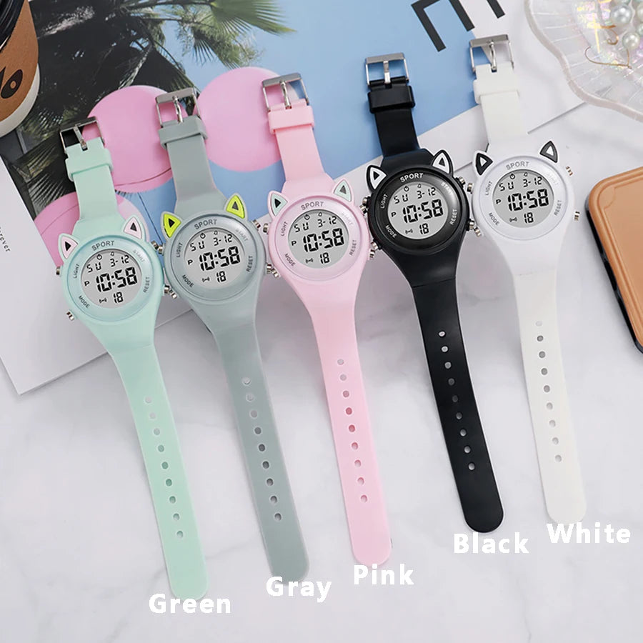 Cat-Ear Kids Watch with Bracelet Waterproof Digital Watch LED Wristwatch