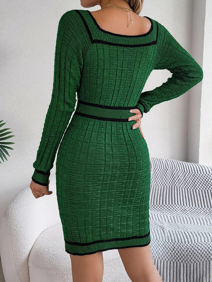 Elegant Square Collar Button Long Sleeve Dress