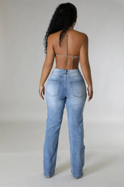 Ripped Straight Diamonds Chain Stretch High Waist Jeans Pants