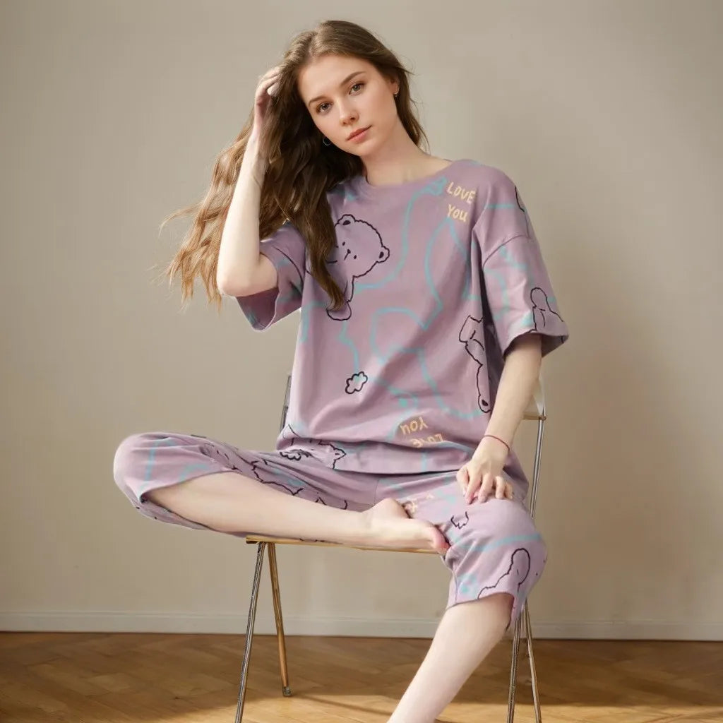 Seven Trousers Short-Sleeved Large Size Pajamas Set