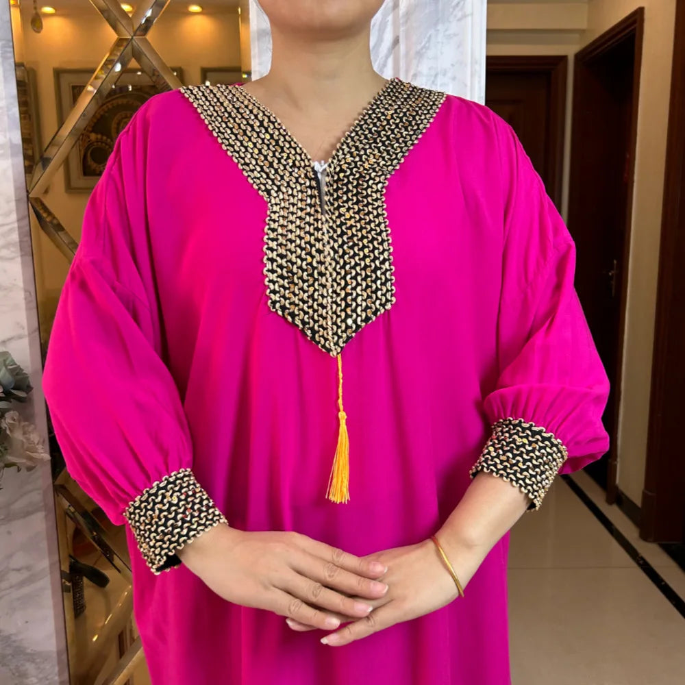 Muslim Long Sleeve Cotton With Big Scarf African Abaya