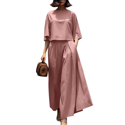 3/4 Sleeve Blouse Trousers Suits Wide Leg Pants Sets