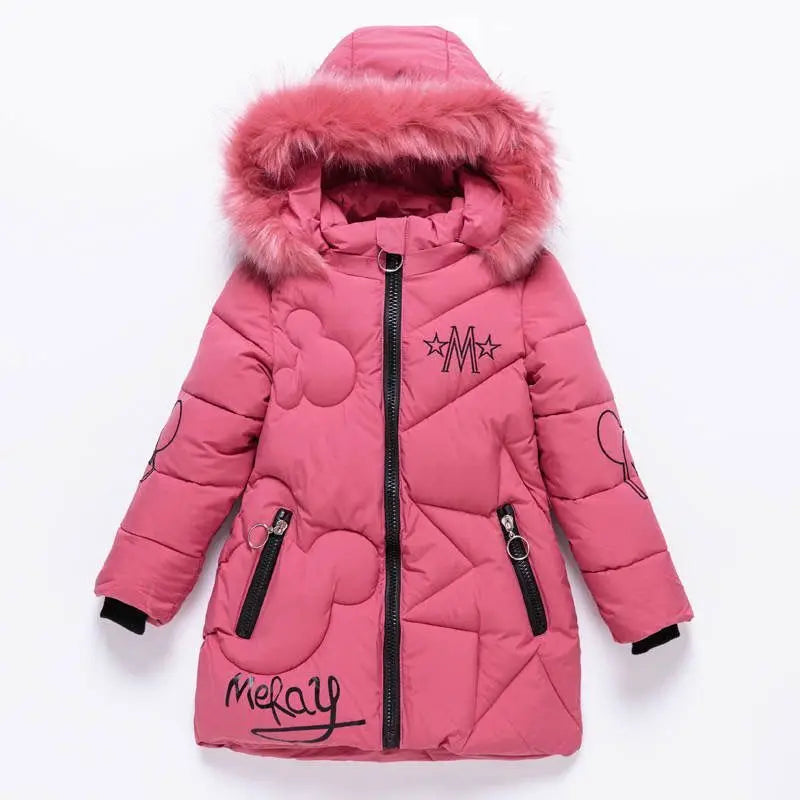 3-12 Years Winter Long Style Letter Velvet Hooded Thick Coat