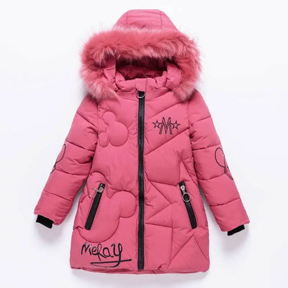 3-12 Years Winter Long Style Letter Velvet Hooded Thick Coat