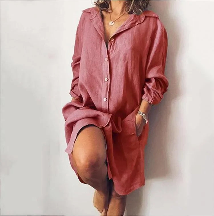 Elegant Cotton Commuting Style Flip Collar Single Breasted Dress