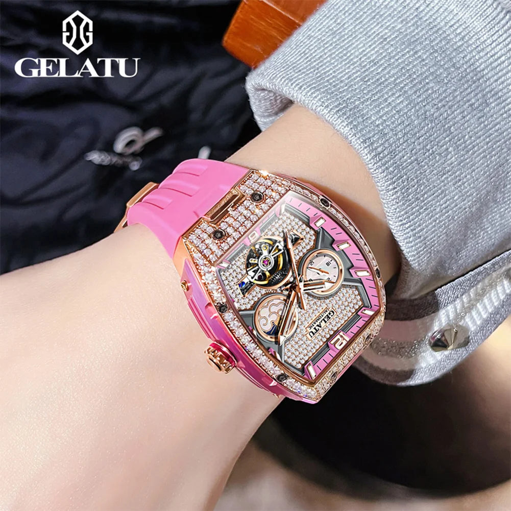 Fully Diamond Luxury Hollowed Moon Phase Waterproof Automatic Mechanical Watches