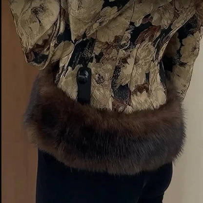 Floral Jacquard Furry Faux Fur Cuffs Patchwork Jacket
