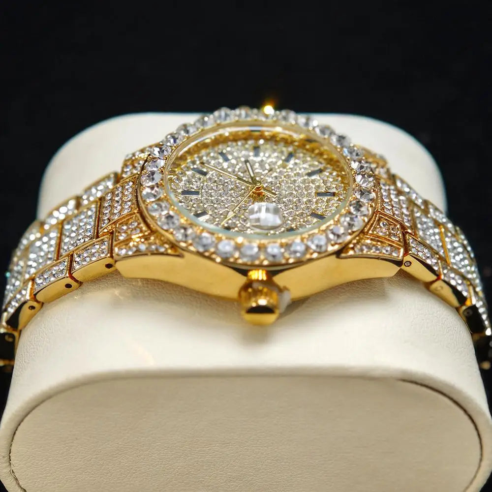 Acero inoxidable de lujo dorado con cuarzo diamante helado