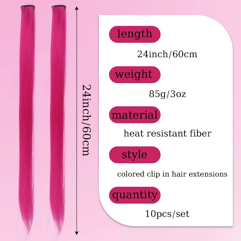 10Pcs Pink Clip in Hair Extensions Party Highlights Wig Synthetic Colored Straight Hairpiece