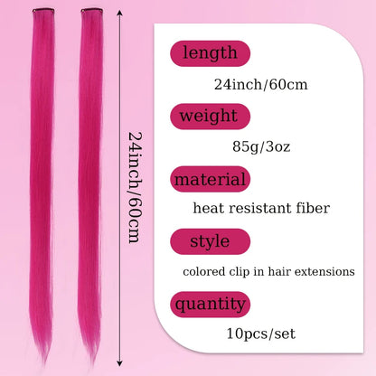 10Pcs Pink Clip in Hair Extensions Party Highlights Wig Synthetic Colored Straight Hairpiece