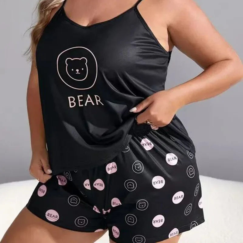 Plus Size Bear Print Sleeveless Screw Top & Shorts Pajamas Sets
