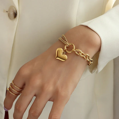 Statement Heart Pendant Stainless Steel Gold Metal Texture Bracelet