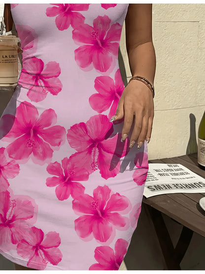 Floral print sleeveless thick shoulder strap mini skirt long dress