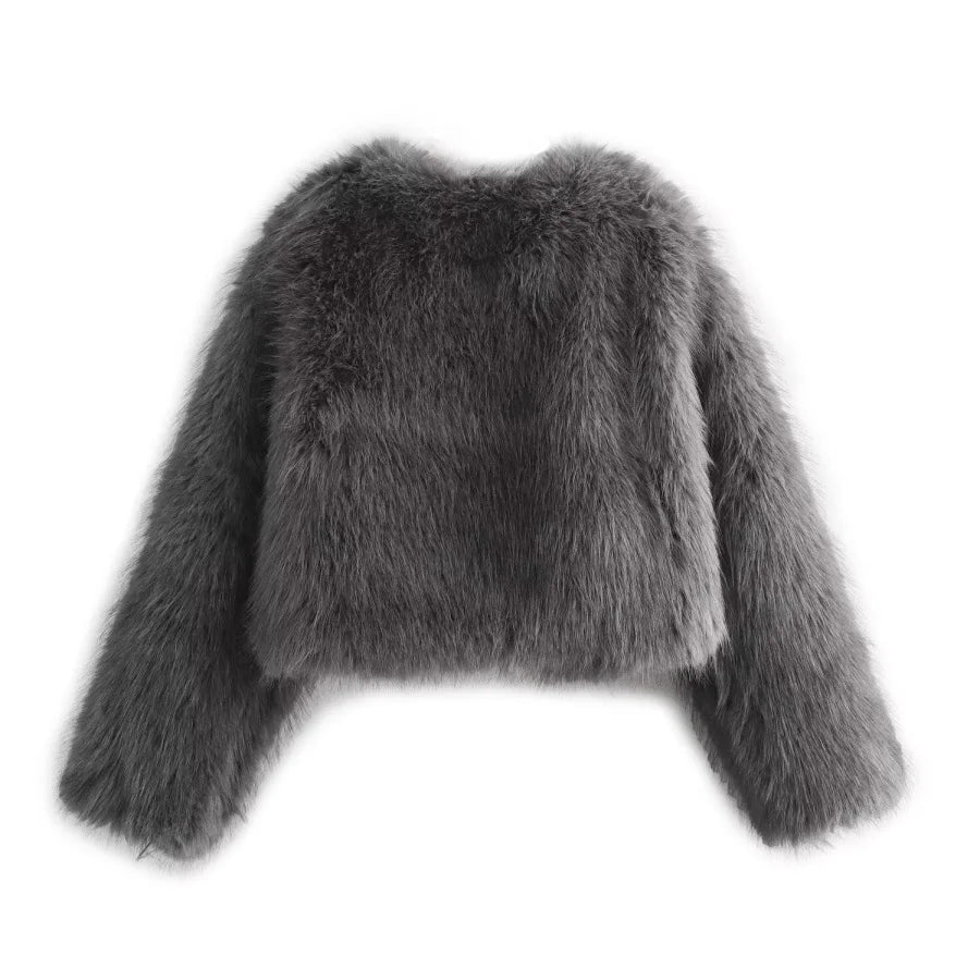 Faux fur Fall/Winter Effect Round Neck Long Sleeve Short Jacket