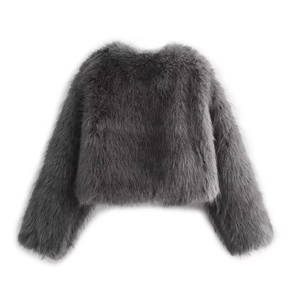 Faux fur Fall/Winter Effect Round Neck Long Sleeve Short Jacket