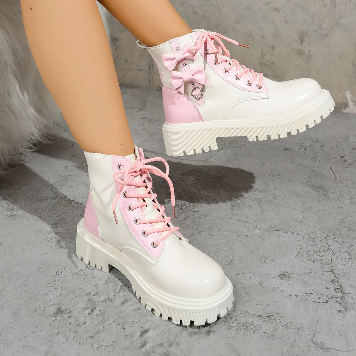Sweet Pink Bowknot Mix Color Ankle Thick Bottom Lace Up Boots